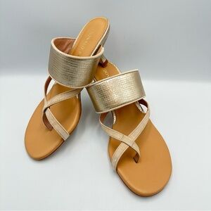 Donald Pliner Louka Gold Suede Strappy Sandal Kitten Heel Womens Sz 7M Metallic